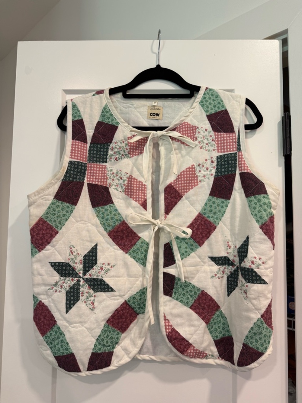 Vintage Quilted Patchwork Tie-Front Vest in Cream, Green & Burgundy